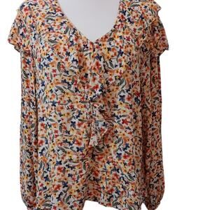 DEMOCRACY Blouse Top Shirt Size XL Boho Floral Ruffled V-Neck Yellow‎ Blue